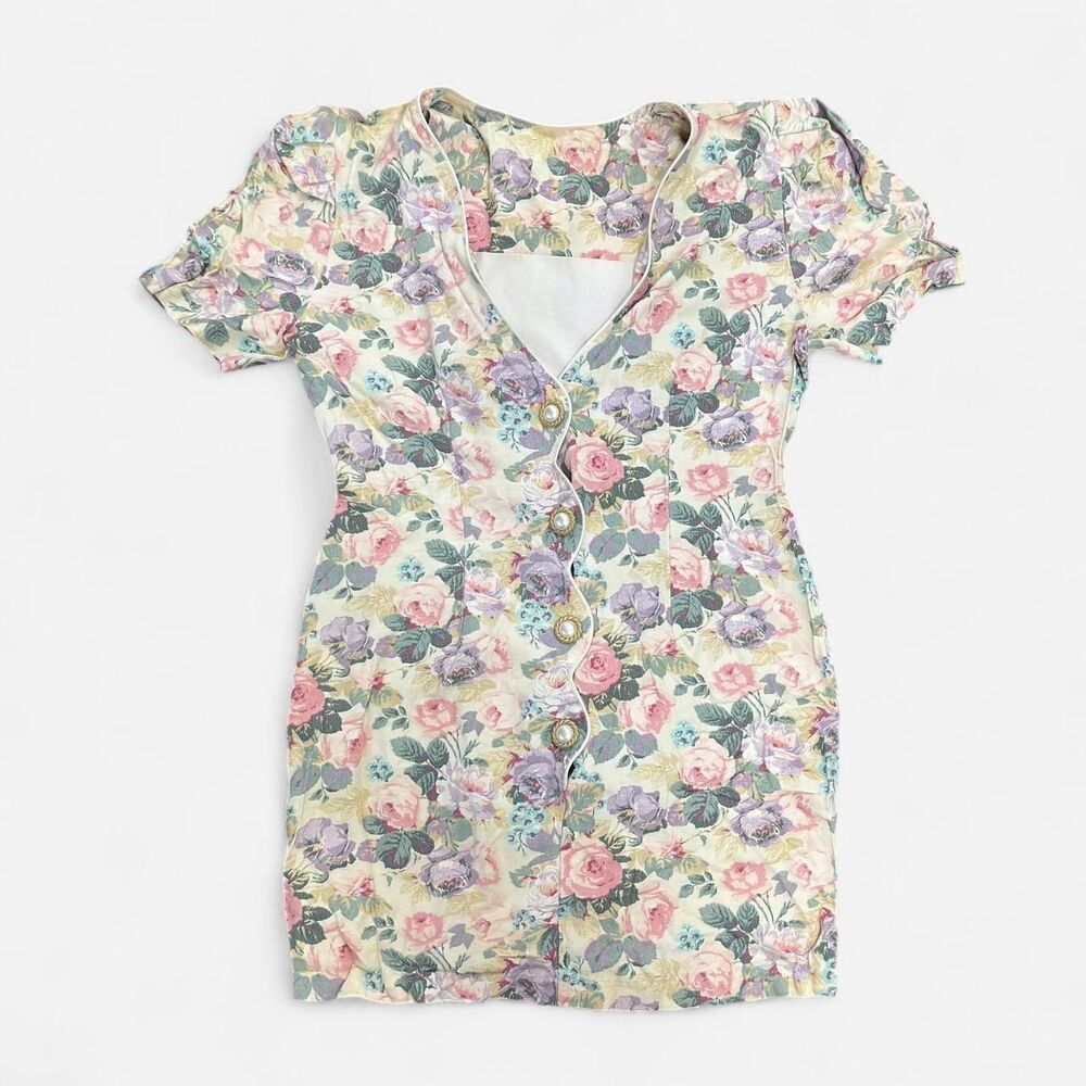 Vintage 90s Madison Wells Floral Mini Dress with Pearl Buttons